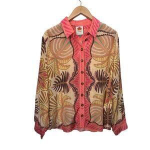FARM Rio Sand Palm Scarf Button Up Shirt Women’s Sz XL Pink Tan Viscose